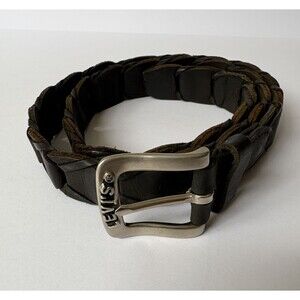 LEVI`S Vintage Leather Belt Black Retro Braided Belt Logo Buckle 43”